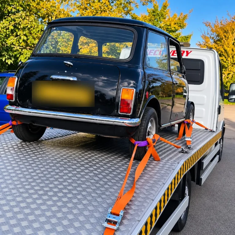 Classic black Mini secured with orange ratchet straps on a flatbed recovery truck