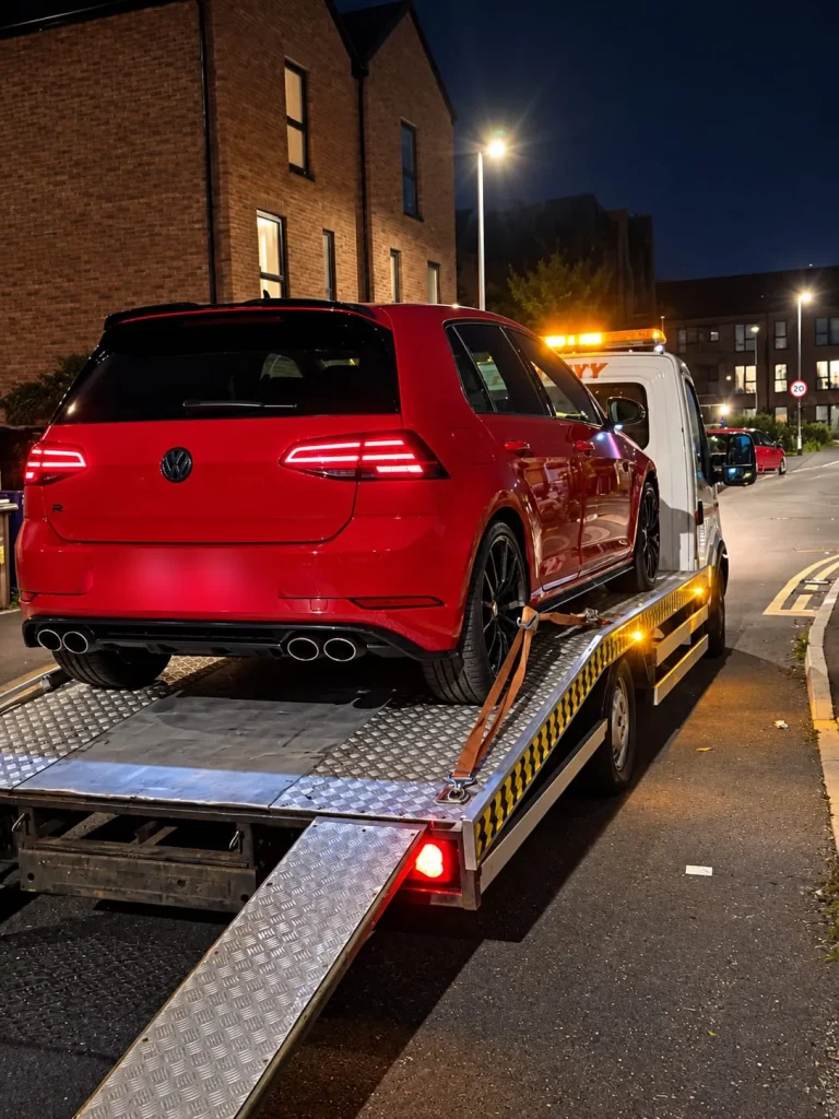 Red hatchback secured on a flatbed recovery truck at night, with amber beacons lit
