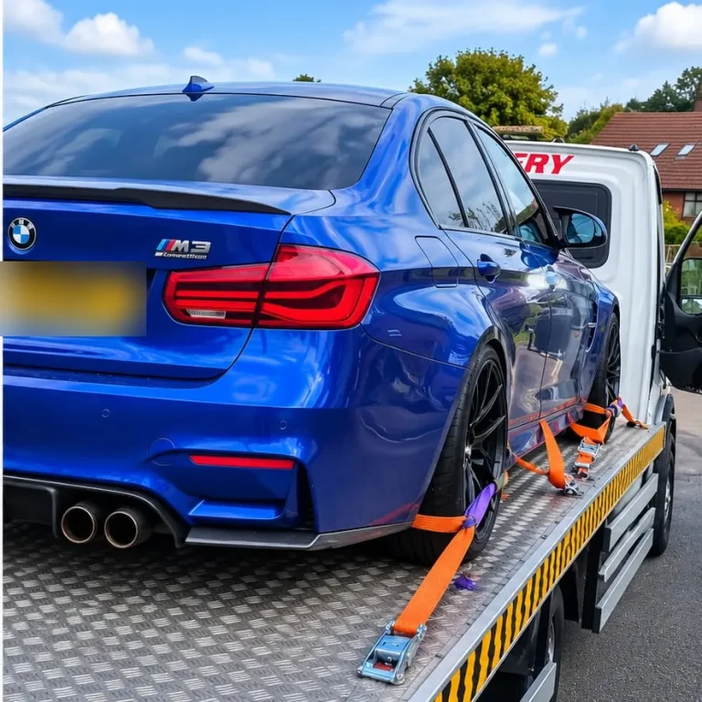 Blue saloon secured with wheel straps on a flatbed recovery truck